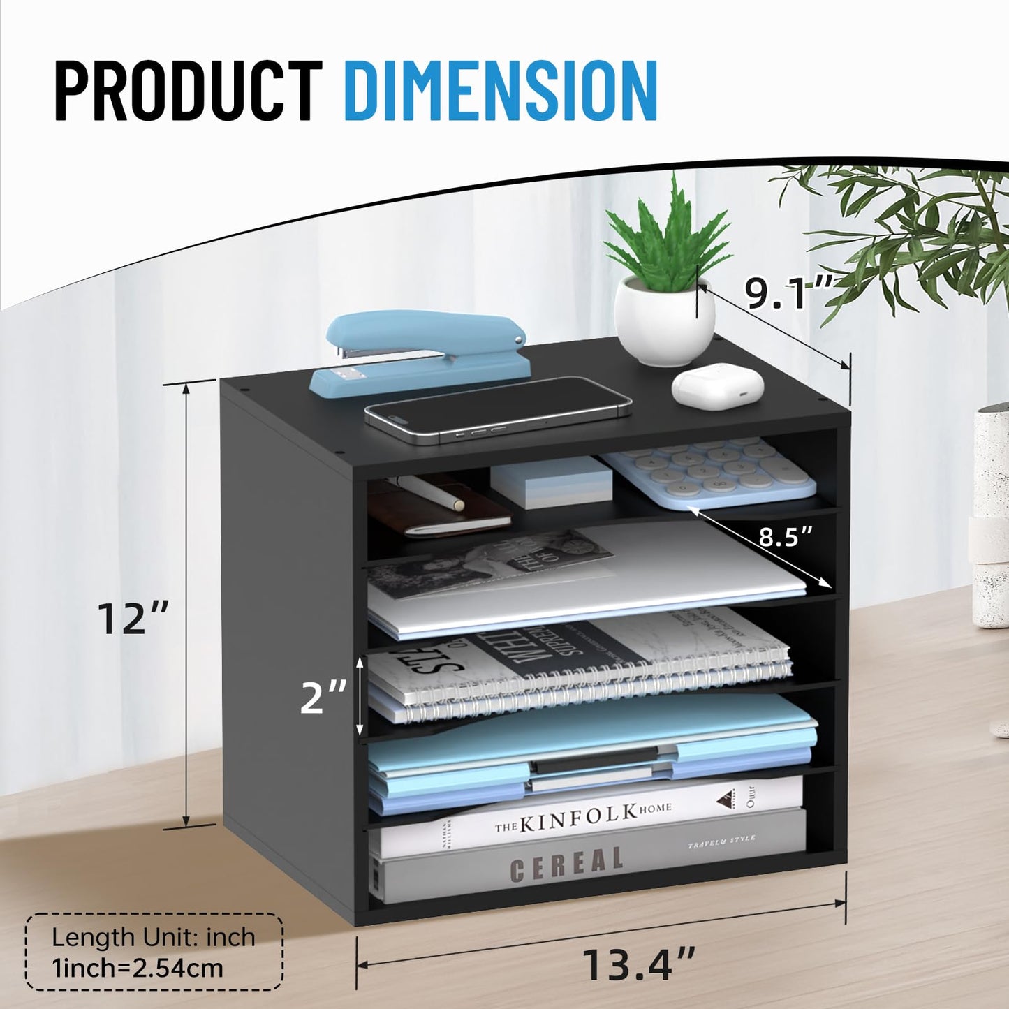 SHARKWOODS 5-Tier Wood Desk Organizer, Paper Sorter for Desktop with Adjustable Storage Shelves, Desktop Mail Holder for Office Home Classroom, Black