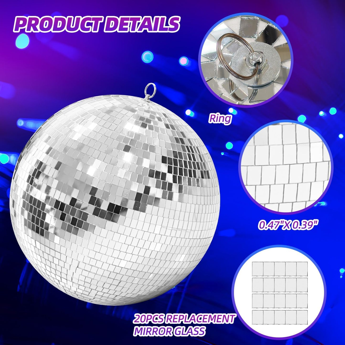 12 Inch Mirror Disco Ball lamp, Silver 12" Disco Ball Decor Hanging Disco Ball for Party Wedding Holiday Home Decoration, Disco Ball x 1pc, Replacement Mirror x 20pcs, Big Disco Ball (Silver, 12inch)