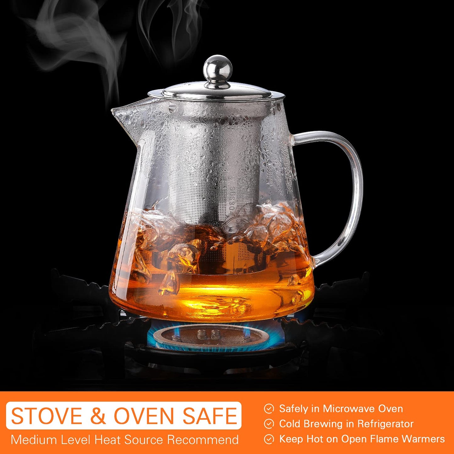 Glass Teapot with Stainless Steel Infuser,for Blooming Tea, Loose Tea, (43oz,1.3L) Holds 4-6 Cups, JOYEUX Glass Tea Pot Set, Stovetop & Dishwasher Safe