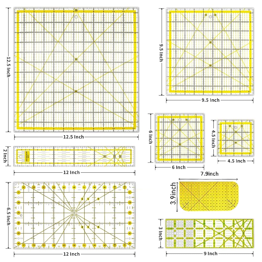 8 Pack Acrylic Quilting Ruler,Fabric Cutting Ruler,Clear Mark with Double Colored Grid Lines, for Quilting, Sewing & Crafts Template, with Non Slip Rings 50 Pieces