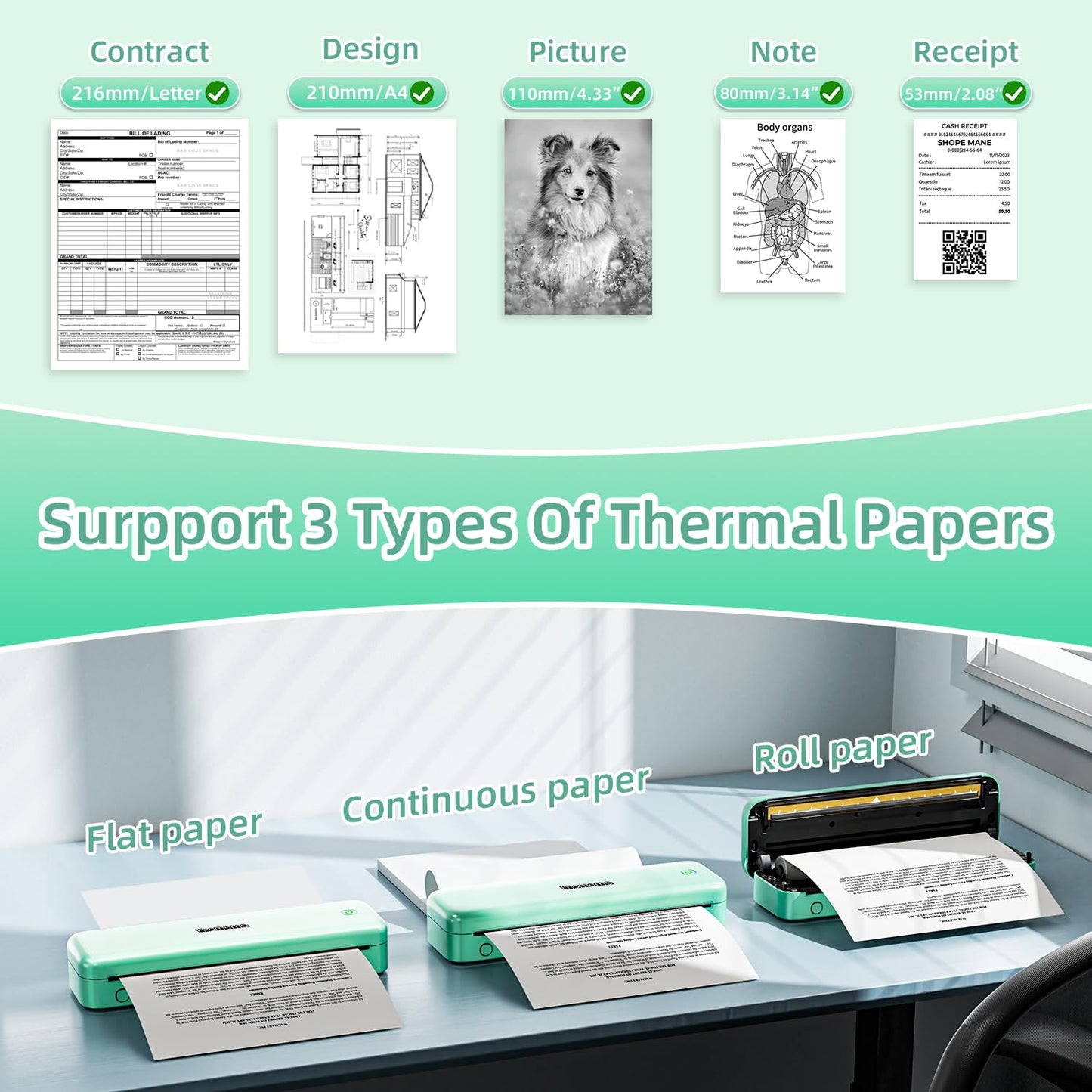 Phomemo M834 Portable Printer Wireless for Travel, Support Multi-Size Thermal Paper,Bluetooth Thermal Printer Compatible with Phone&Laptops,Inkless Printer for Home Use,Office,Green