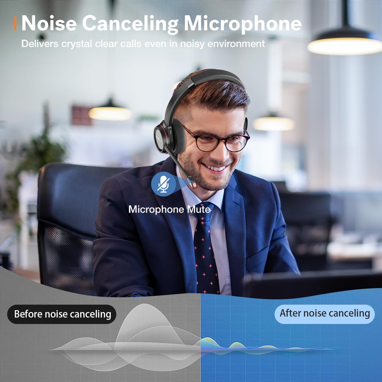 MAIRDI Bluetooth Headset with Microphone for PC, in-Built Bluetooth Dongle for Computer, Wireless Headset with Mic Mute for Work Office CallCenter Telephone Microsoft Teams Conference