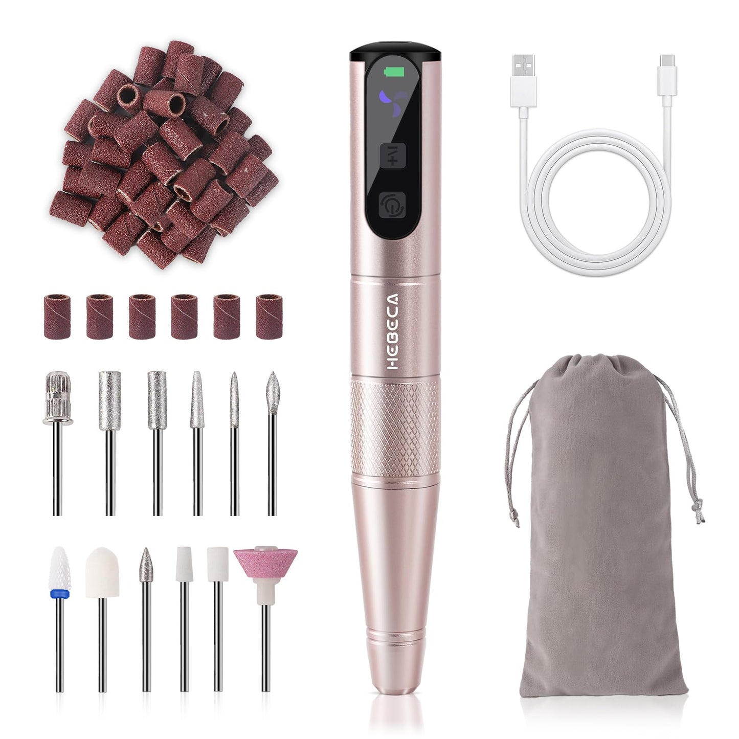 HEBECA Cordless Nail Drill Set - Professional Electric Nail File with 12 Drill Bits 26 Sanding Bands for Natural or Acrylic Gel Nails -Rechargeable Nail Drill Machine Home Use
