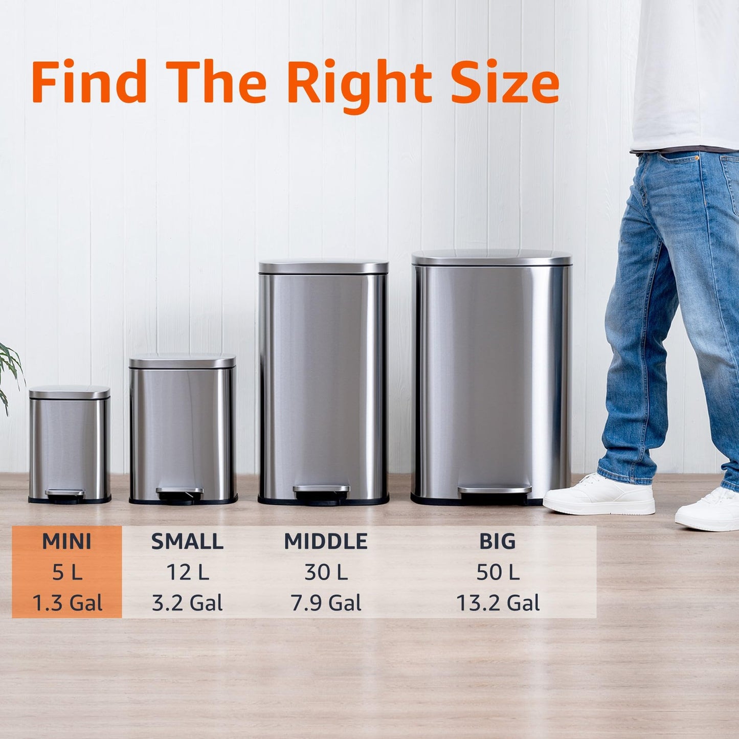 Amazon Basics Smudge Resistant Mini Rectangular Trash Can with Soft-Close Foot Pedal, Brushed Stainless Steel, for Bathroom & Small Space, 5L /1.32 Gal, Satin Nickel Finish, 18.5cm Lx21.6cm Wx30.0cm H