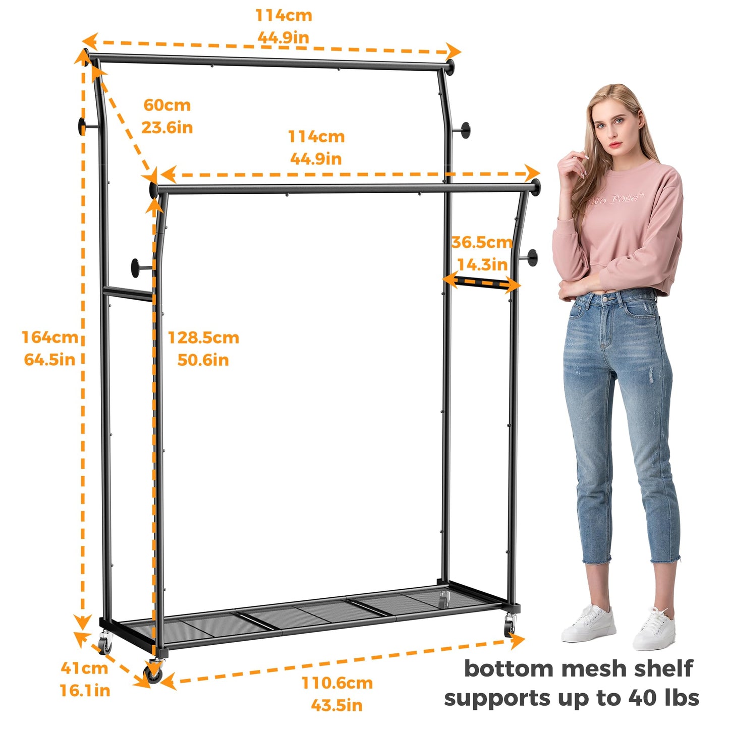 Double Rods Clothes Rack, Rolling Clothing Rack for Hanging Clothes with Hooks&Mesh Shelf, Portable Wardrobe Rack, Metal Coat Rack Sturdy Garment Rack for Bedroom Laundry Living Room Storage, Black