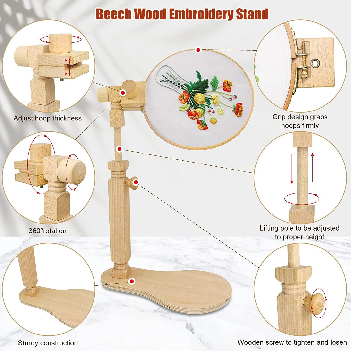 Embroidery Stand, Size Adjustable Embroidery Frame Hoop Stand, Natural Beech Wood Rotated Cross Stitch Stand Stitching Embroidery Hoop Stand Embroidery Hoop Holder for DIY Craft Project