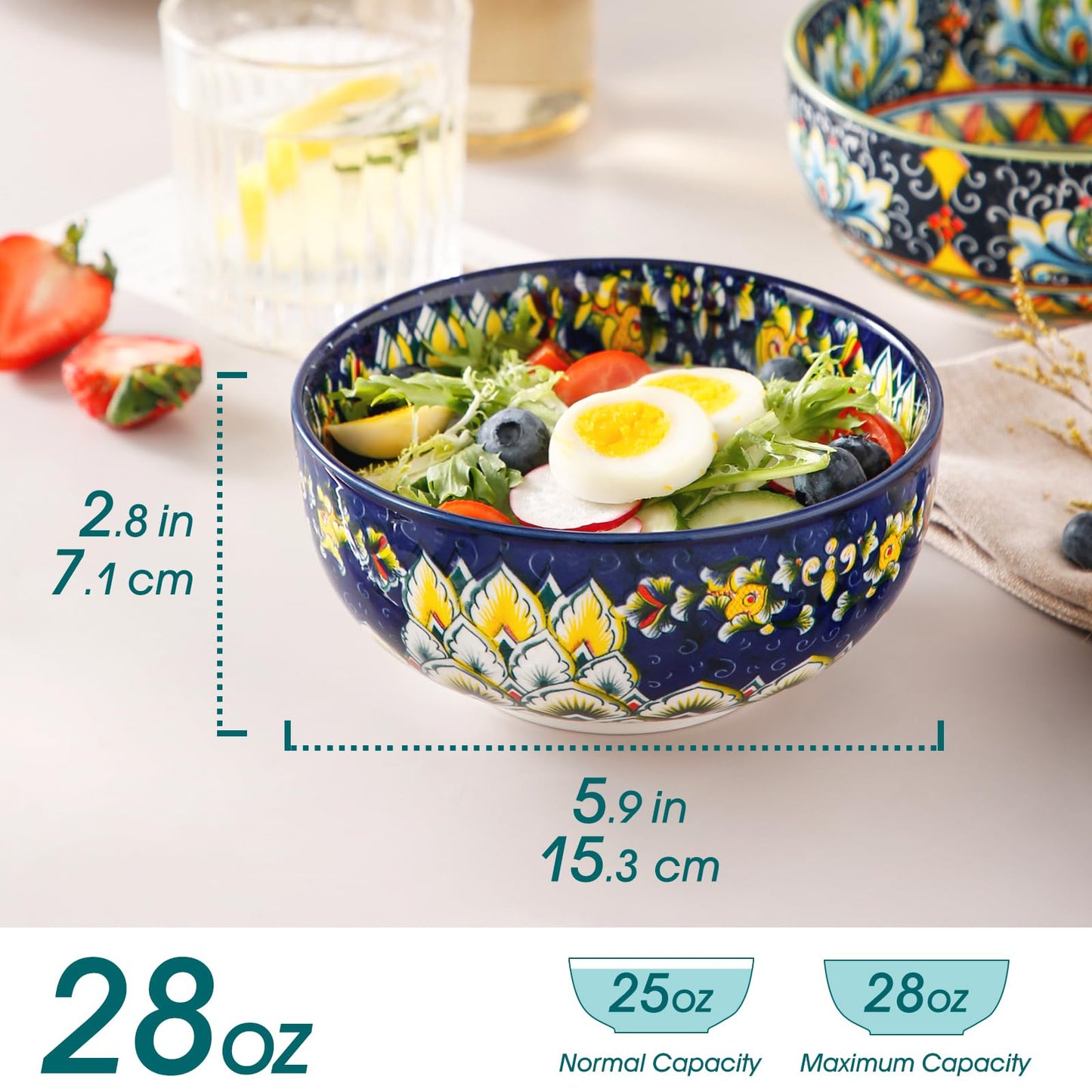 vancasso Cereal Bowls Set of 6, Bohemian Ceramic Soup Bowls, 28 oz Colorful Bowls Set, Dishwasher & Microwave Safe for Salad, Pasta, Rice, Oatmeal, Fruit