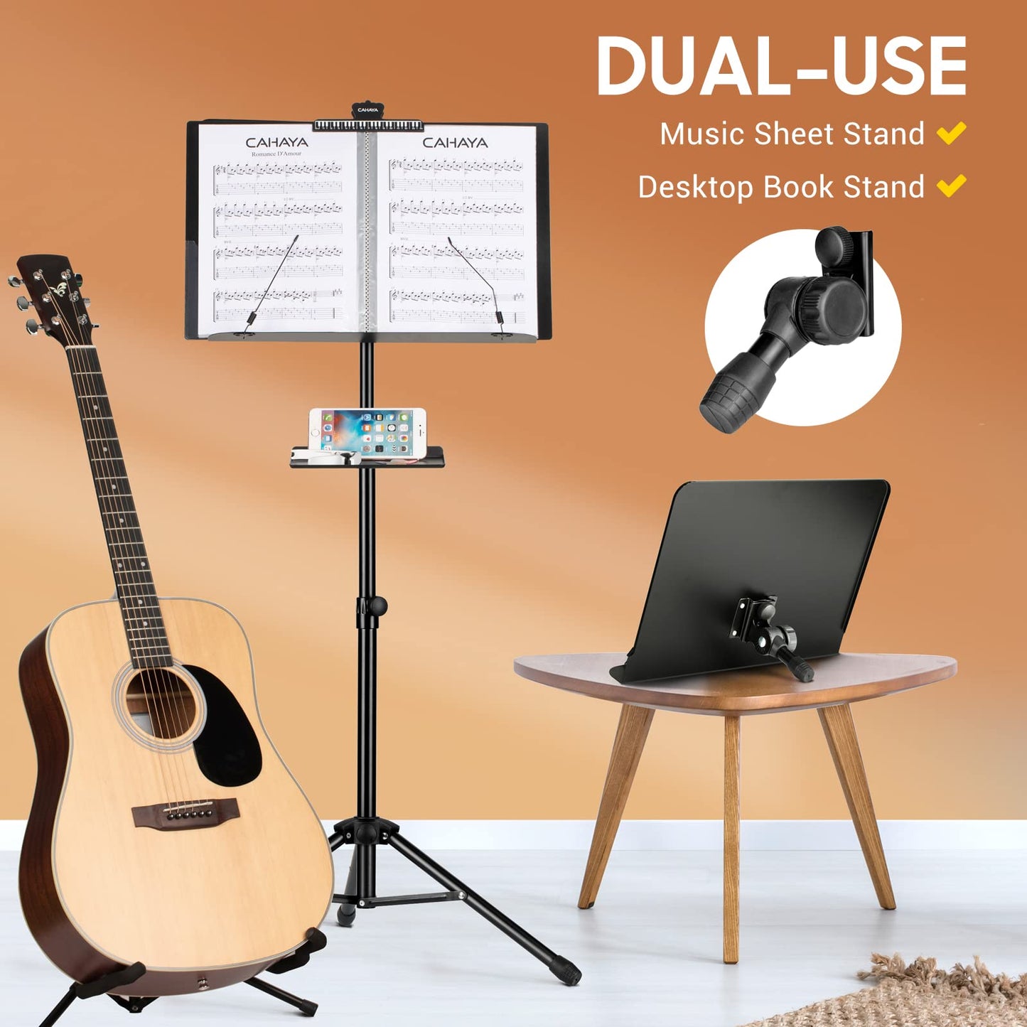 CAHAYA Dual Use Sheet Music Stand with Clamp-on Tray & Desktop Book Stand Including Music Stand with Shelf, Sheet Music Folder, Carrying Bag,and Clip for Guitar, Ukulele, Violin Players CY0194+CY0320