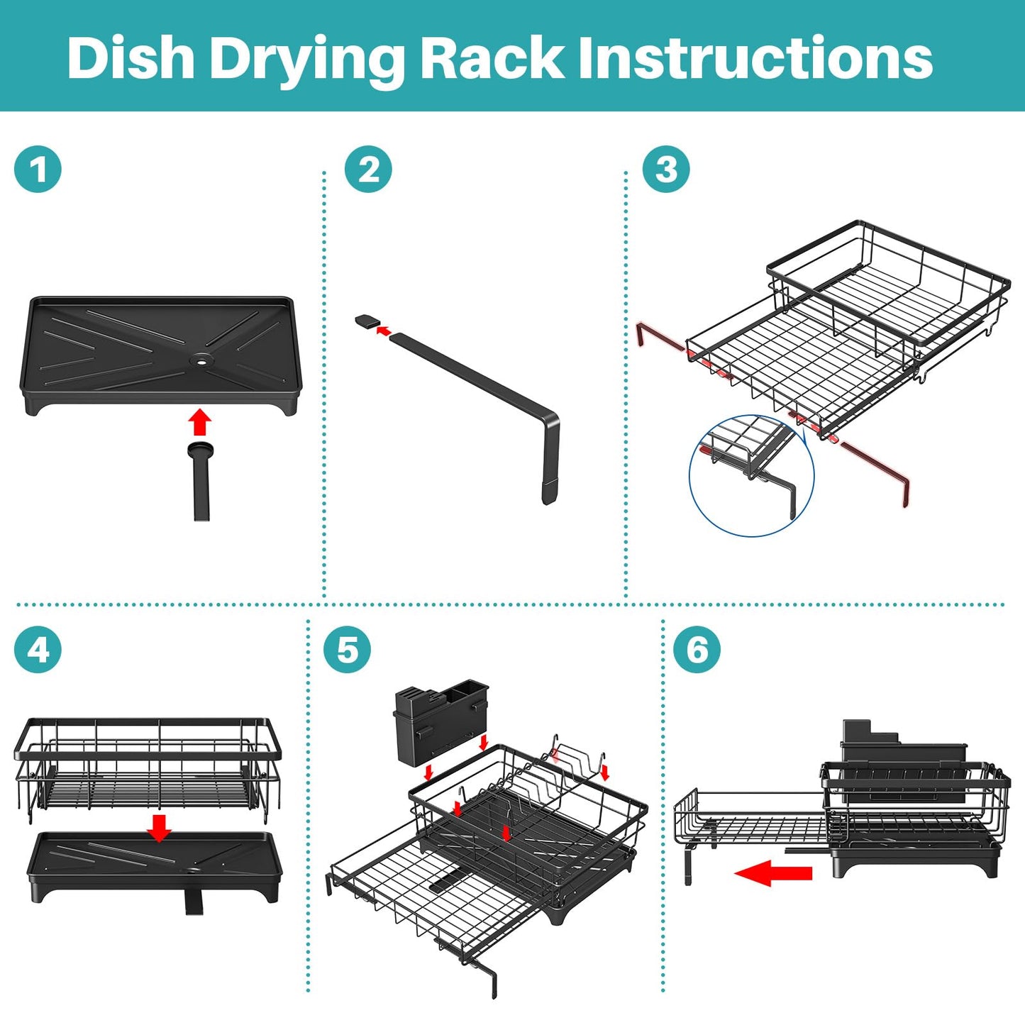Large Dish Drying Rack,Expandable Dish Rack for Kitchen Counter,Dish Racks with Drain Board and Cutlery Holder,Kitchen Organizers and Storage,Black