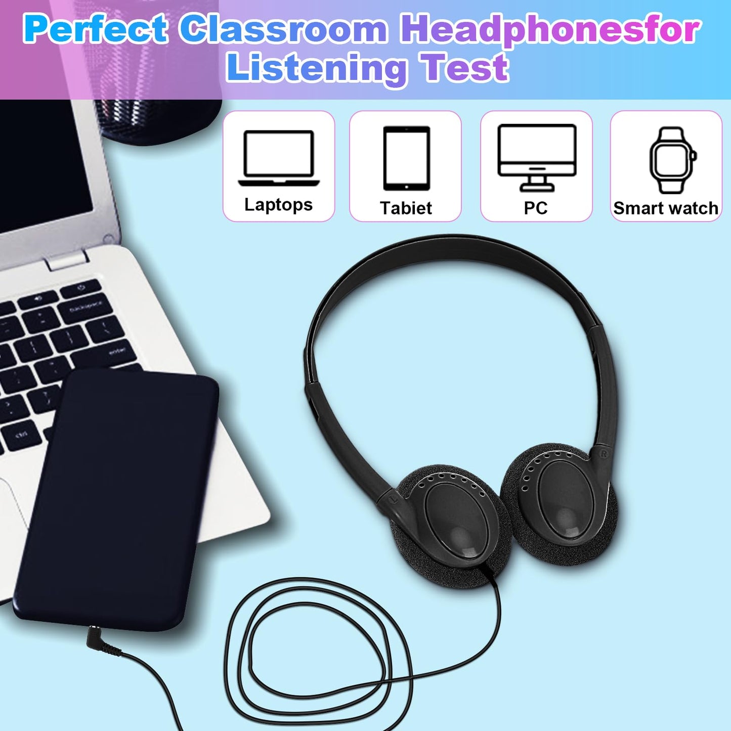 Wensdo Classroom Headphones Bulk 25 Pack for Kids School Students, Wholesale Wired Durable Earphones Class Set for Children Toddler Boys Girls Teens Adult (HY103, 25 Black)