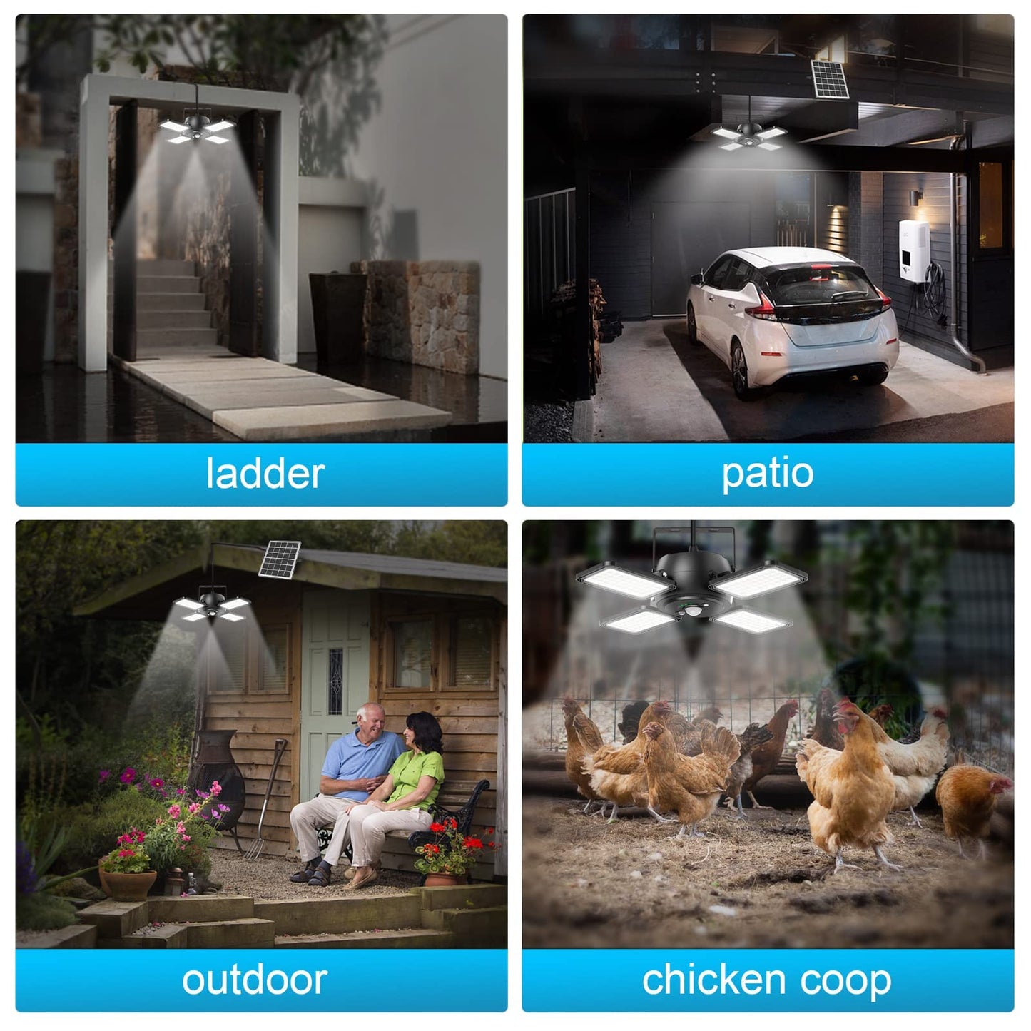 Solar Pendant Light Outdoor Indoor Solar Powered Motion Sensor Shed Light,144LED 1200LM Daytime Work Light with 5 Lighting Modes Remote Control 4 Heads Light for Garage Gazebo Barn