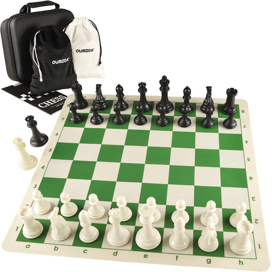 OUMODA 4" King Tournament Chess Set Foldable 20" Silicone Chess Board Mat with 2.2" Squares Green Color, Weighted Chess Pieces- 2 Extra Queens, Carrying Case for Storage and Travel