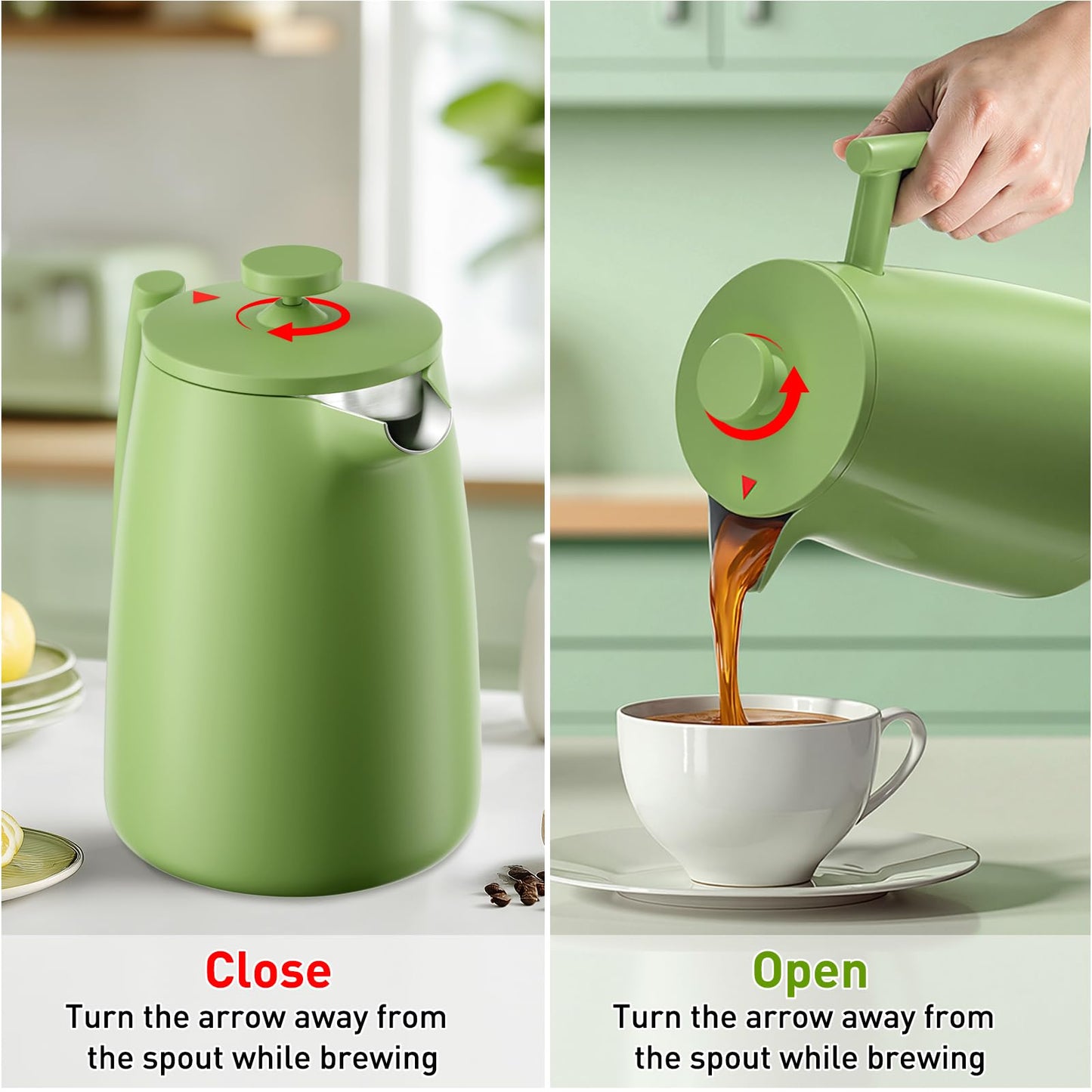 Secura 50oz French Press Coffee Maker – 304 Stainless Steel, Insulated Coffee Press with Extra Filter, Green