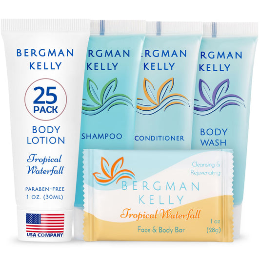 Bergman Kelly - Hotel Toiletries Bundle - Tropical Waterfall, 30 ml ea, 125 Pieces - 5-Piece Set: 25 ea Rectangular Bar Soap, Shampoo, Conditioner, Body Lotion & Body Wash - Bulk Mini Guest Amenities