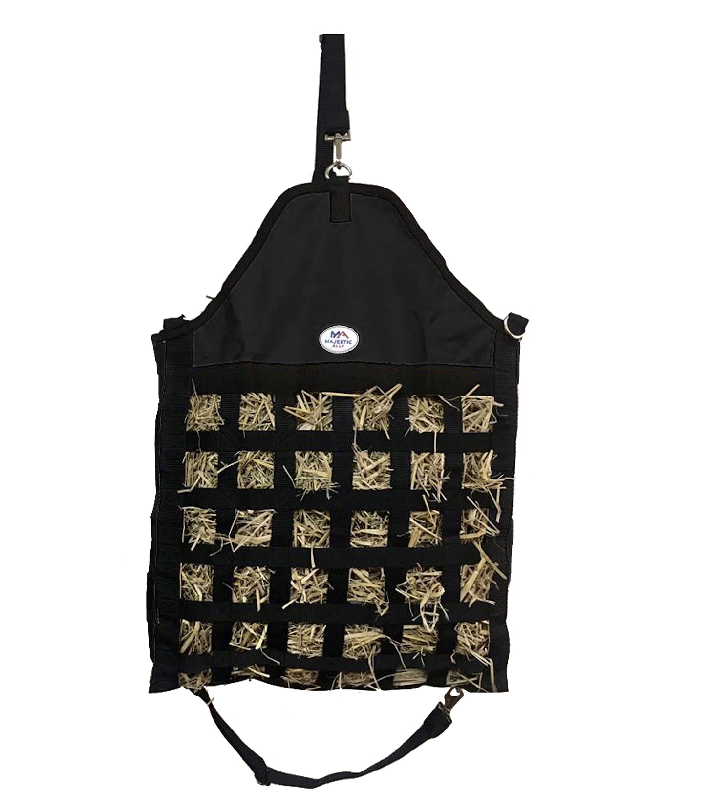 Majestic Ally Slow Feed Hay Bag for Horses, Adjustable Travel Feeder for Trailer, Stall, and Portable Wear, Feeding Sack with Strap Support, Simulates Grazing, Reduces Waste (Black)