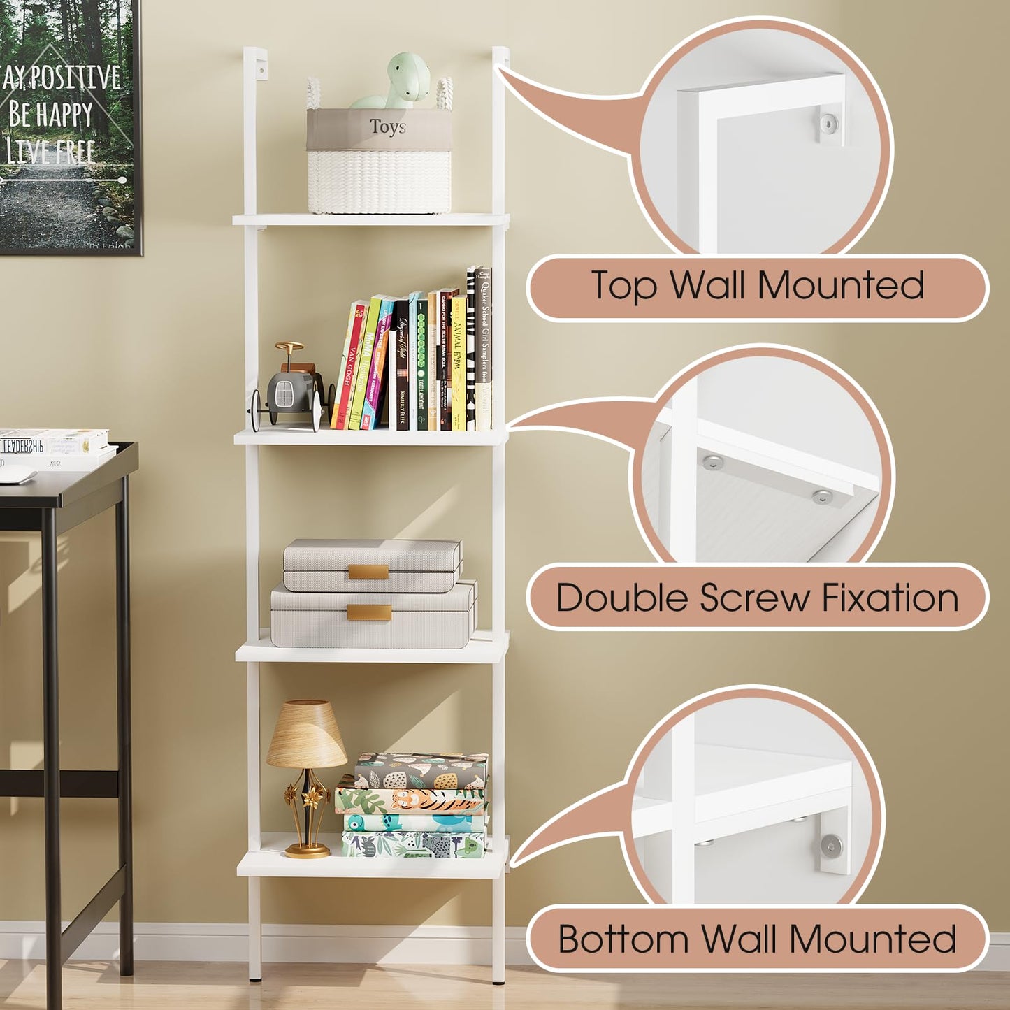 Ladder Shelf 4 Tiers Metal Industrial Bookshelf,White Wooden Tall Open Storage Rack and Display Shelves,Wall Mount Wide Bookcase for Home Office Bedroom,Small
