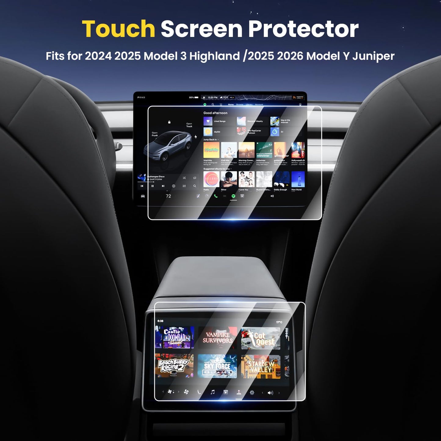Karltys 2PCS Screen Protector for 2025 2026 Tesla Model Y Juniper / 2024 2025 2026 Model 3 Highland15.4-Inch Front & 8-Inch Rear Touchscreen Accessories Tempered Glass Screen with Alignment Kit
