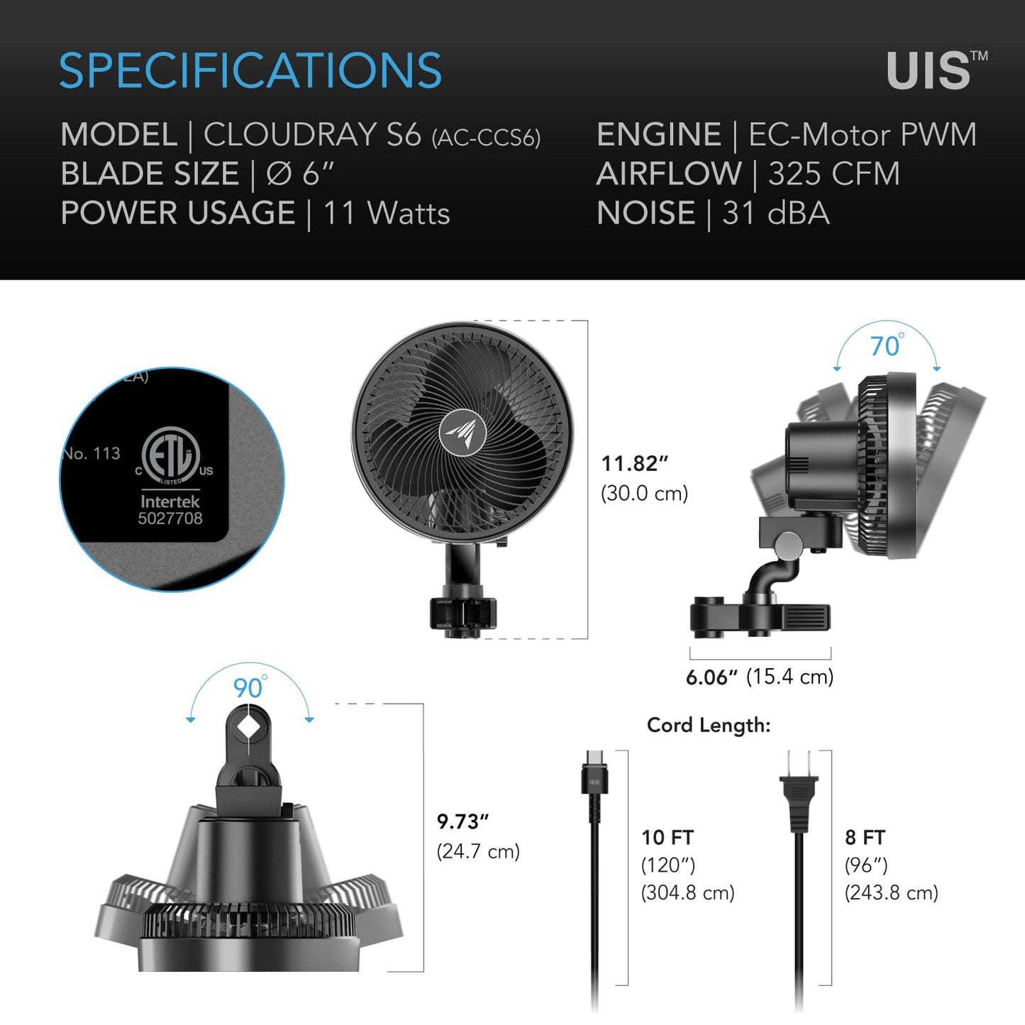 AC Infinity CLOUDRAY S6, Grow Tent Clip Fan 6” with Redesigned Long-Life EC Motor, Custom 10 Dynamic Wind Speeds and 10-Level Oscillation, Weatherproof IP-54, for Hydroponics Circulation Cooling