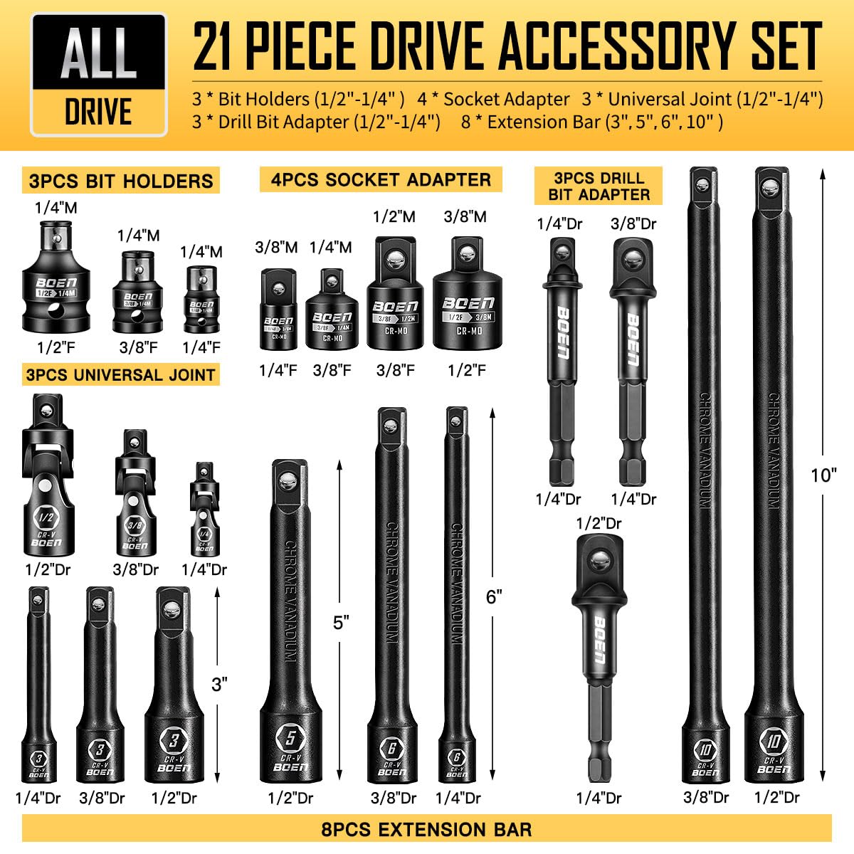 Boen 21 Piece 1/4" & 3/8" & 1/2" Drive Tool Accessory Set, Includes Socket Adapters, Extension Bars, Swivel Universal Joints, Impact Coupler and 1/4" Hex Shank