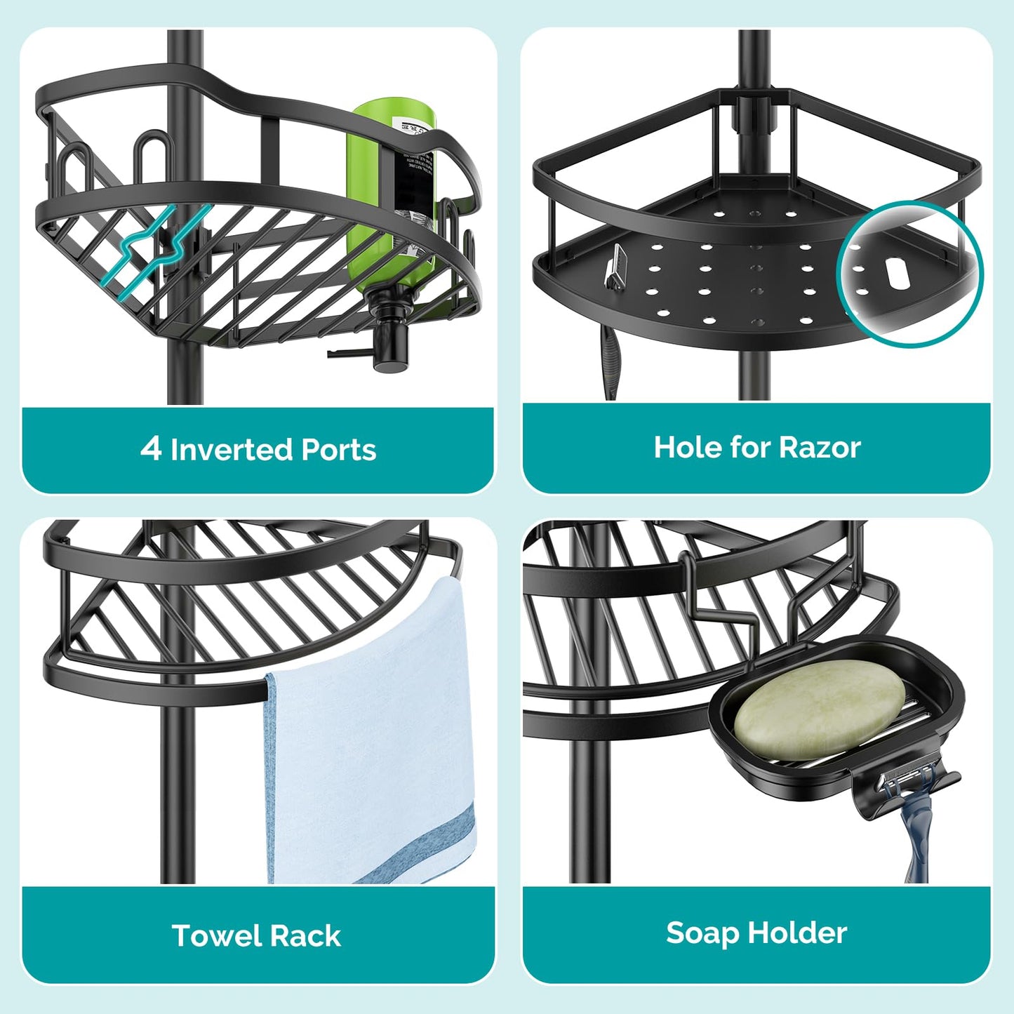HAMITOR Corner Shower Caddy Tension Pole: High Capacity 4-Tier Rustproof Bathroom Organizer Shelves for Small Bathrooms - 47-121 inch Adjustable Floor Standing Bath Rack Holder - Black