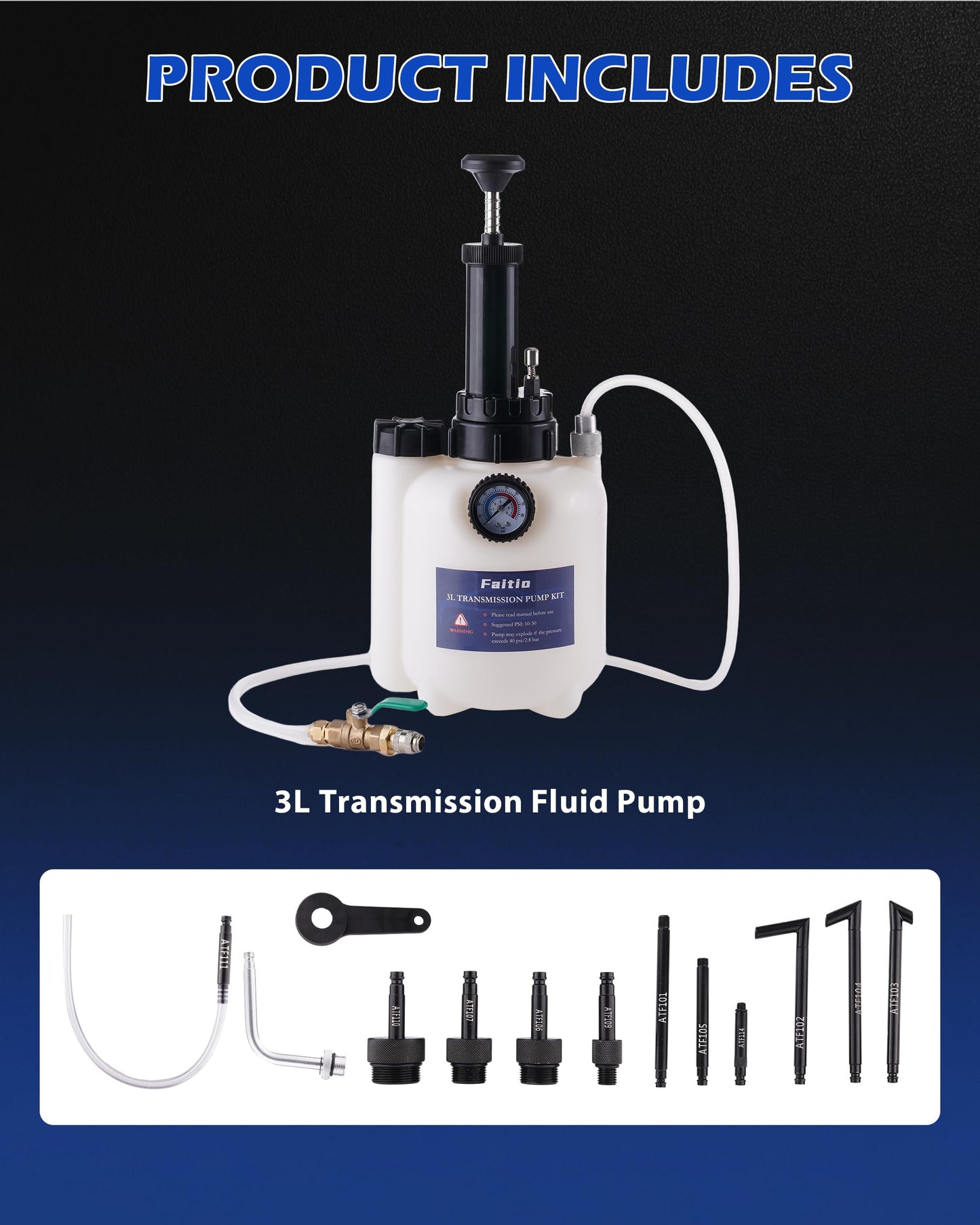 FAITIO 3L Transmission Fluid Transfer Pump w/ 12 ATF Adapters, Automotive Fluid Pressure Pump for Refilling Transmission, Differential and Gear Oil, Manual Car Oil Dispenser Pump