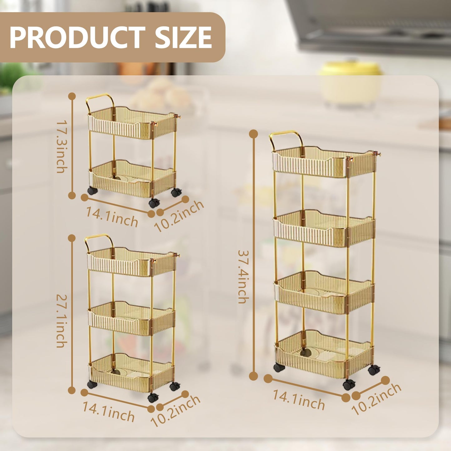 Acrylic Utility Cart, 2 Tier Rolling Trolley with Lockable Wheels Storage Organizer for Kitchen Bathroom Laundry Snack Book,Gold,2 Tier