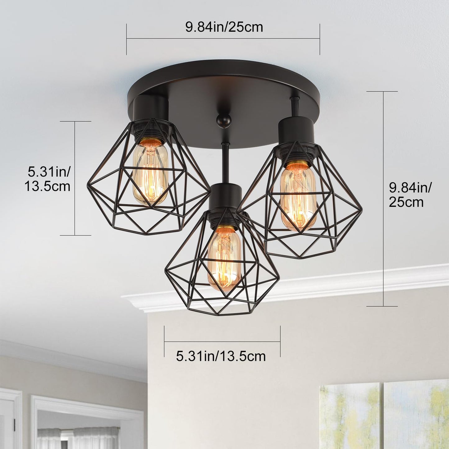 3 Lights Industrial Ceiling Light Fixtures,Iron Cage Ceiling Lamp Pendant Lighting,3-Light Close to Ceiling Light Fixtures, Modern Chandelier for Bedroom Entryway Kitchen Hallway