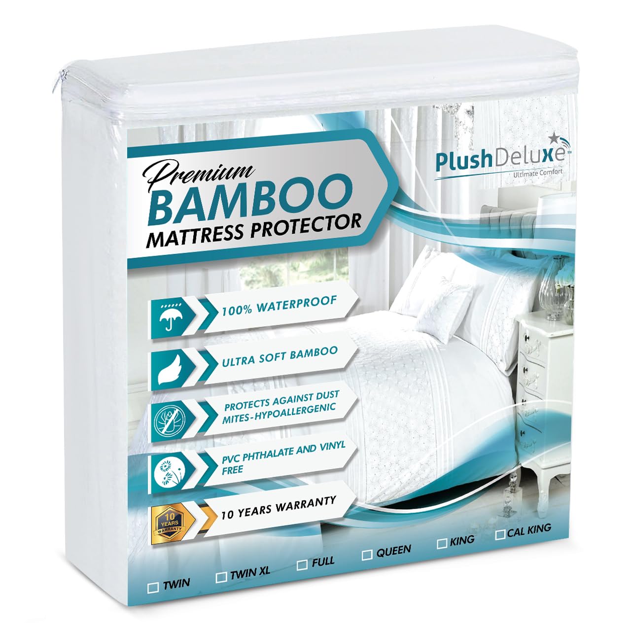 PlushDeluxe Bamboo Mattress Protector Waterproof, Hypoallergenic & Ultra Soft Breathable Bed Mattress Cover for Protection (Full Size)