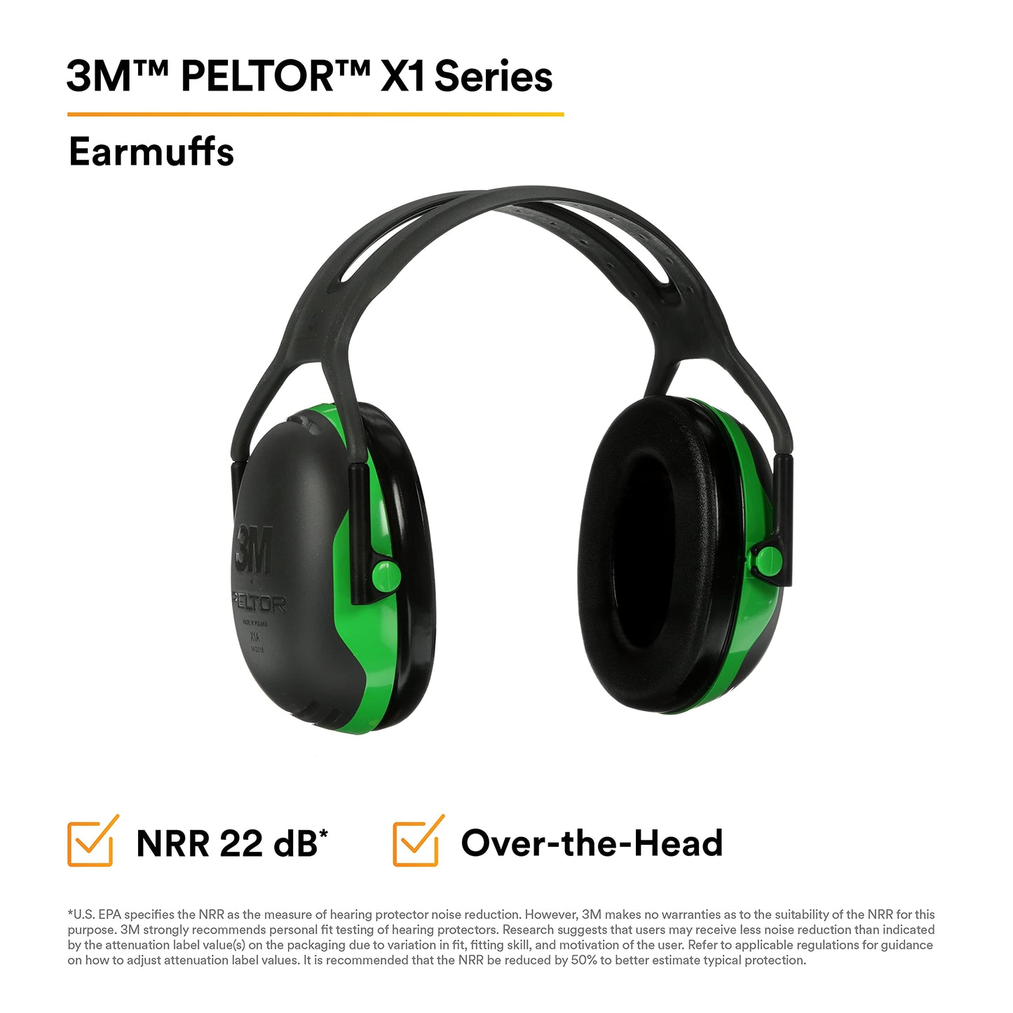 3M Peltor X1A Over-the-Head Ear Muffs, Noise Protection, NRR 22 dB, Construction, Manufacturing, Maintenance, Automotive, Woodworking