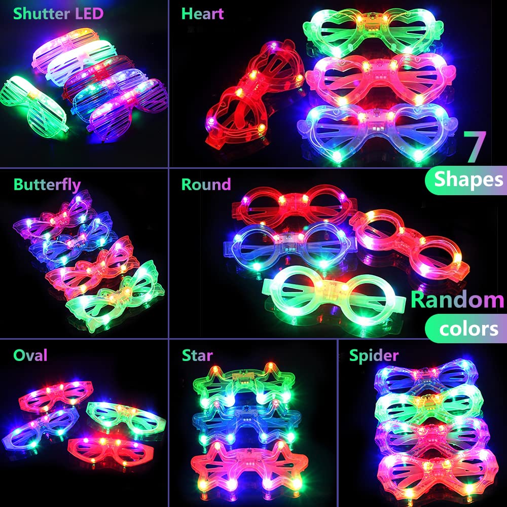 63 Pcs LED Glasses 7 shapes 6 LED Glow In The Dark Party Supplies Favor for Kids Adults shutter heart round star butterfly Glow Sticks Light Up Glasses fit Birthday Halloween Christmas Valentine's Day