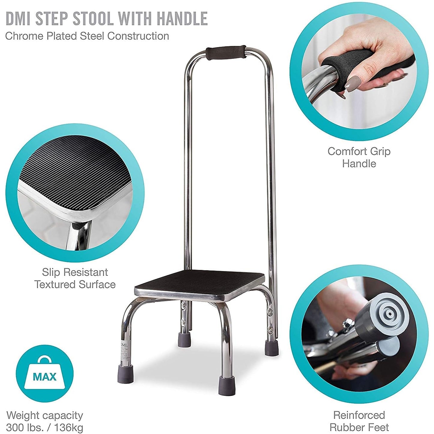 DMI Step Stool with Handle and Non Skid Rubber Platform, Lightweight and Sturdy Stool for Seniors, Adults and Children, Holds up to 300 Pounds with 9.5 Inch Step Up, Chrome
