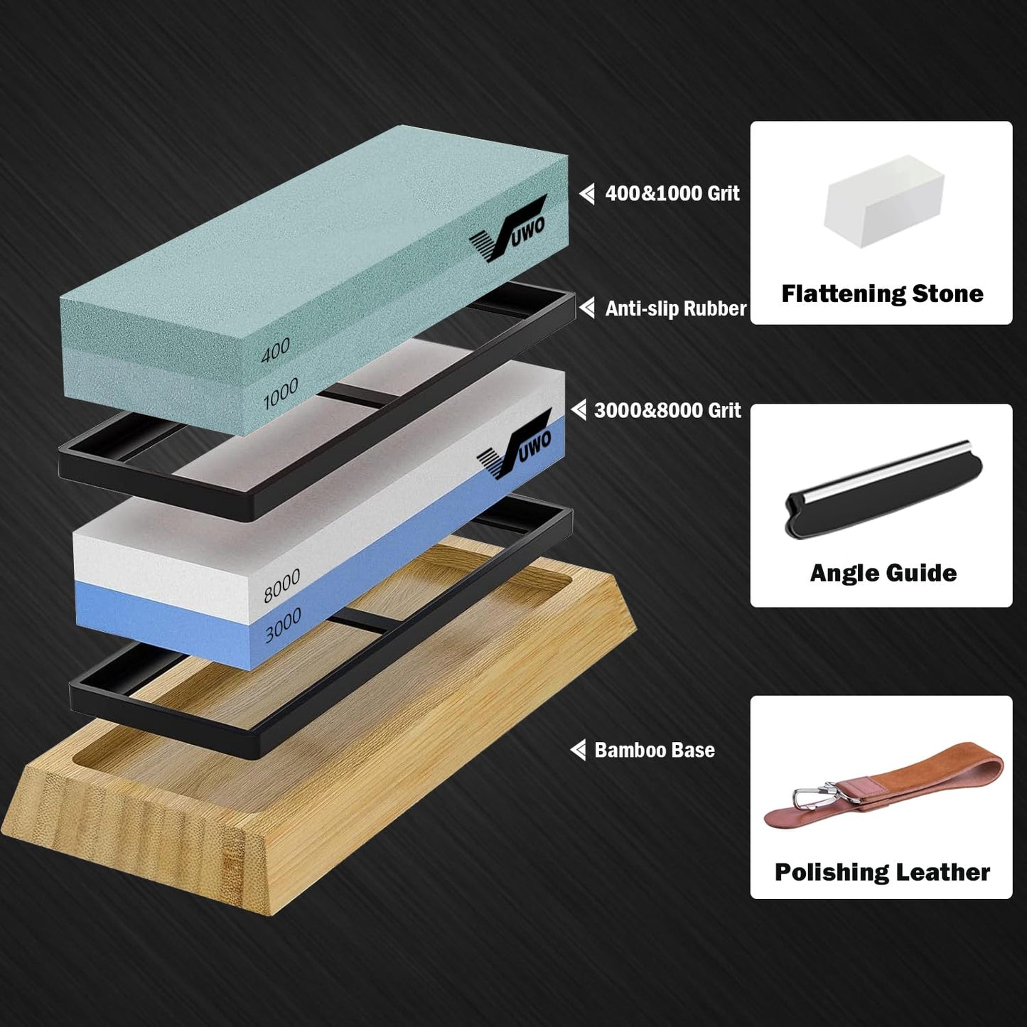 vuwo Knife Sharpening Stone Kit - Whetstone Grit 400/1000 3000/8000 Premium Knife Sharpener Wet Stone Set with Bamboo Base Angle Guide Flattening Stone Silicon Holder and Leather Strop