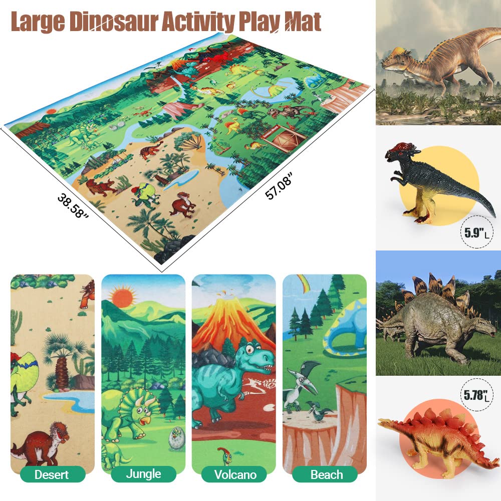 FRUSE Dinosaur Toys Figures,12 PCS Realistic Large Dinosaur Figurines with Jumbo Play Mat & Information Dino Book,Educational Dino Figure Playset Cake Topper Decoration for Kids