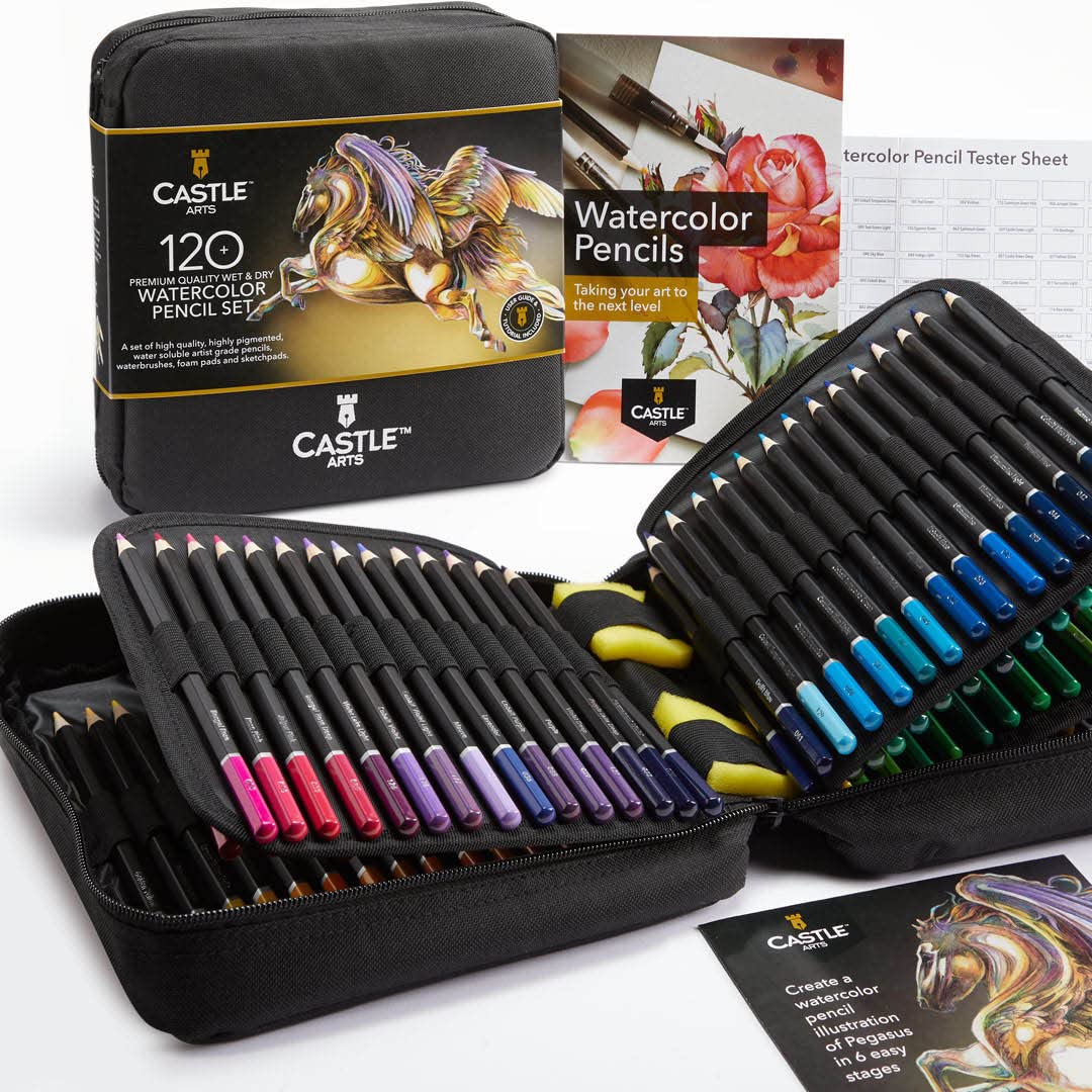 Castle Art Supplies 120 Watercolor Pencils Set with Extras | Quality Vibrant Pigments | Draw and Paint at the Same Time | For Adult Hobbyists, Professionals | In Carry-anywhere Travel Case