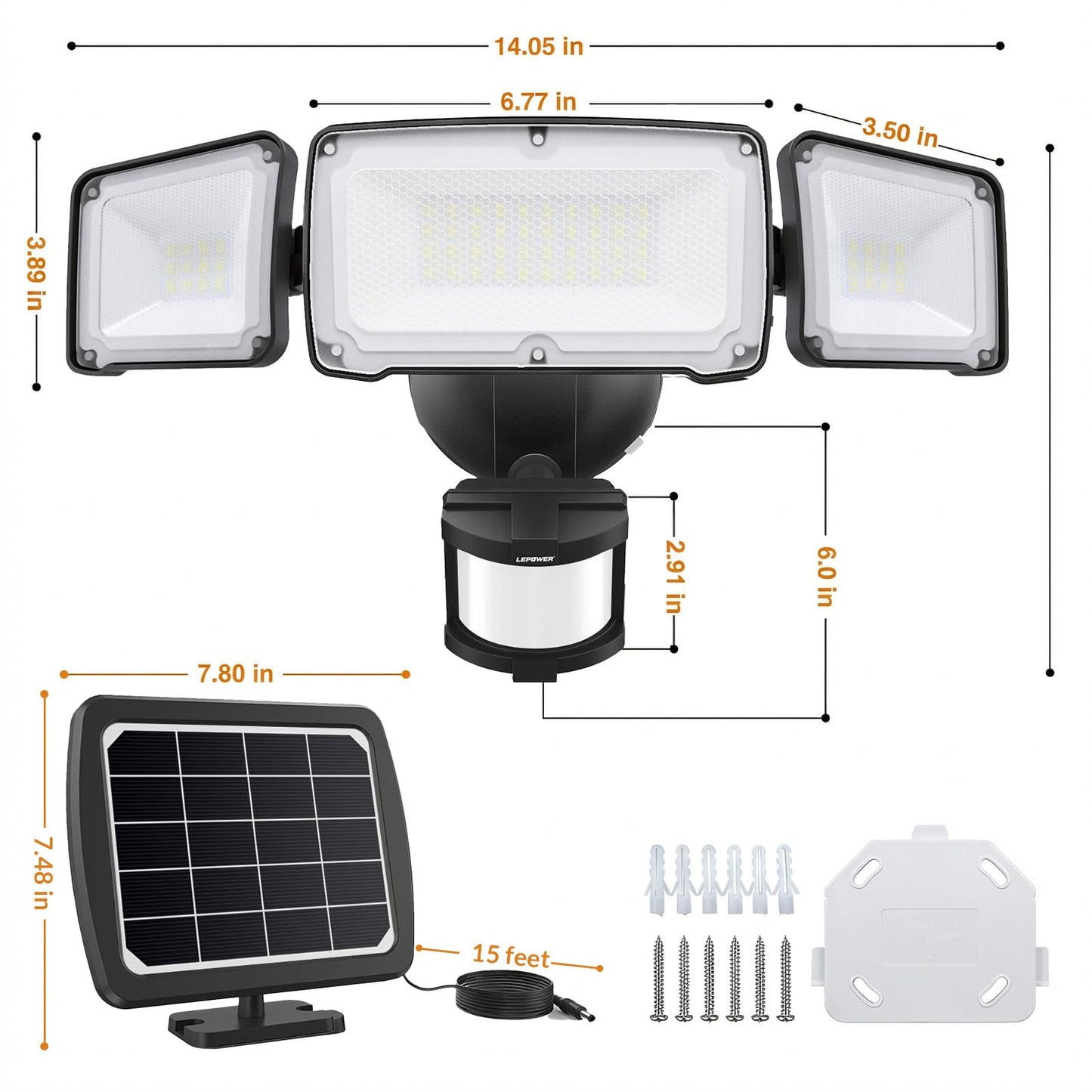 LEPOWER LED Solar Motion Outdoor Security Light, 1600LM Solar Motion Sensor Lights, 5500K White Light IP65 Waterproof Outdoor Flood Solar Light with 3 Adjustable Head for Yard, Garage（Black）