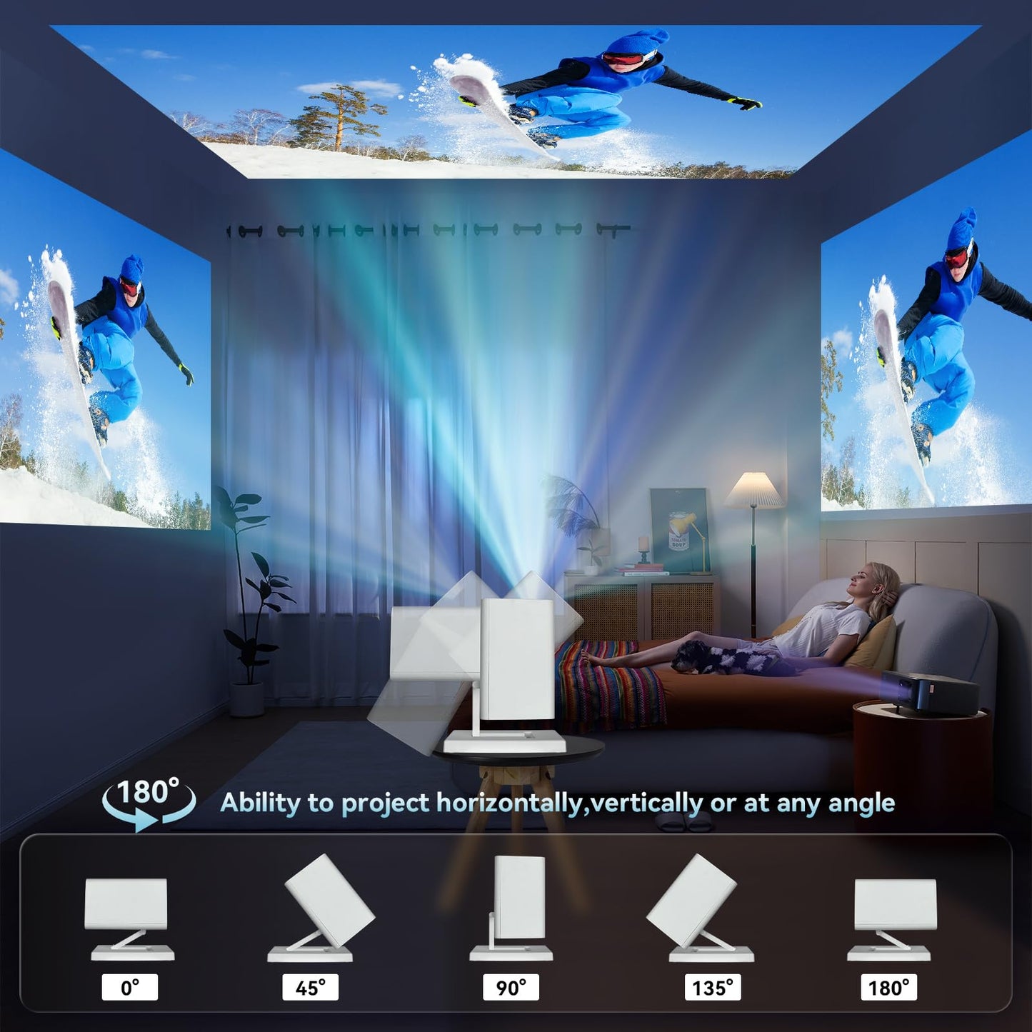 Pisodawn Mini Projector 4K Portable Video Projector with WiFi6 & Bluetooth 5.4, 150 ANSI Automatic Vertical Correction, 130'' Screen Home Cinema Smart Projector for Phone/PC/HDMI/USB/Laptop