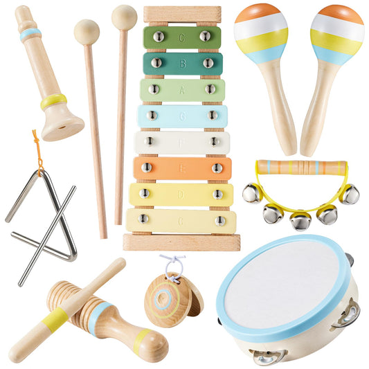 Baby Musical Instruments - Neutral Colors Percussion Instruments Set, Montessori Wooden Music Toys for Toddlers with Modern Boho Xylophone for Kids Preschool Educational with Storage Bag