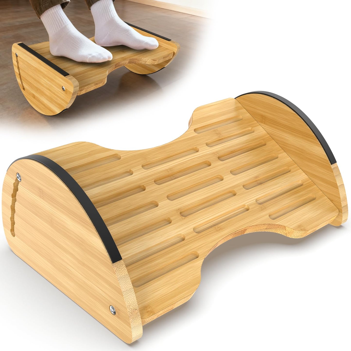Bamboo Foot Rest Under Desk - Rocking Desk Foot Rest 2-in-1 with 6 Adjustable Heights, Ergonomic Footrest Under Desk with Anti-Slip Surface for Home, Office and Gaming