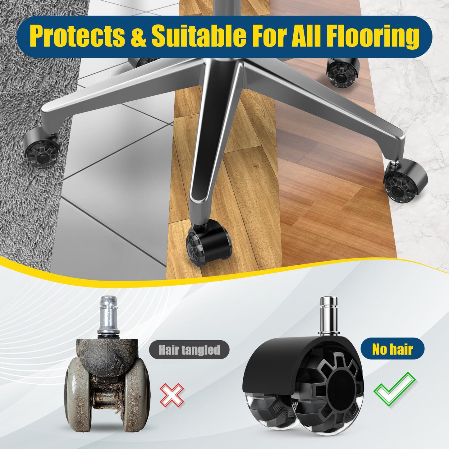 Office Chair Wheels Casters-Protection for Hardwood Floors and Carpet, Heavy Duty Silent Computer Chair Wheels with Standard Stem 7/16″* 7/8″(11mm*22mm),Office Chair Wheels Replacement (Black)