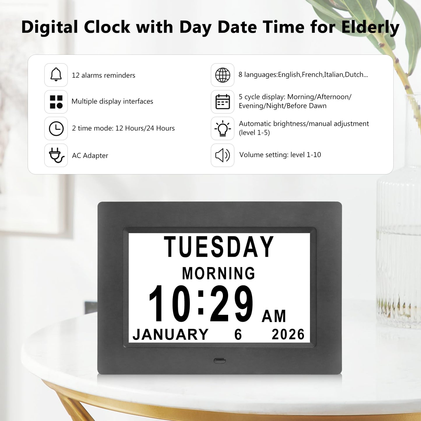 Dementia Clocks for Seniors,7 Inch Clock with Day and Date for Elderly,12 Alarms Option,Auto Dimmable,Large Number Digital Clock with Large Display