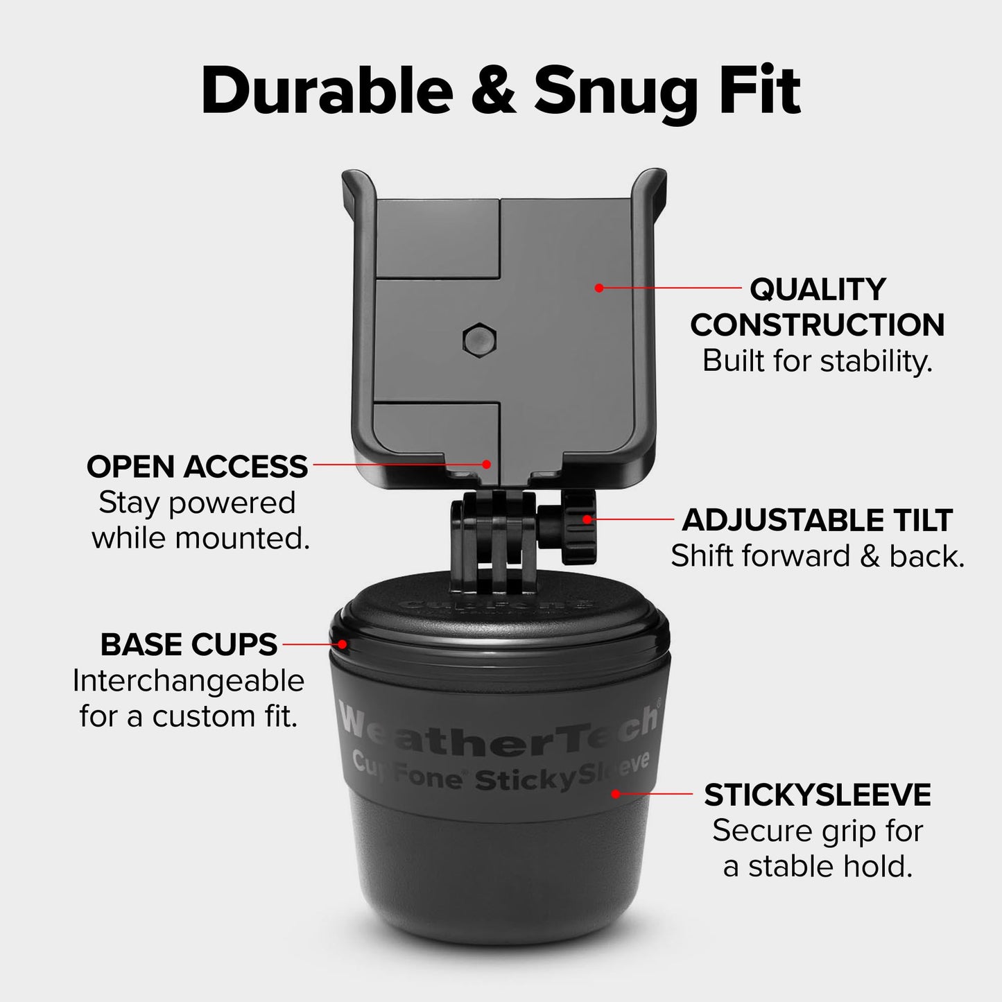 WeatherTech CupFone, Universal Cup Holder Phone Mount for Cars – Adjustable & Secure Fit with Open Access for Charging – Compatible with iPhone, Android (Black Plastic Knobs)