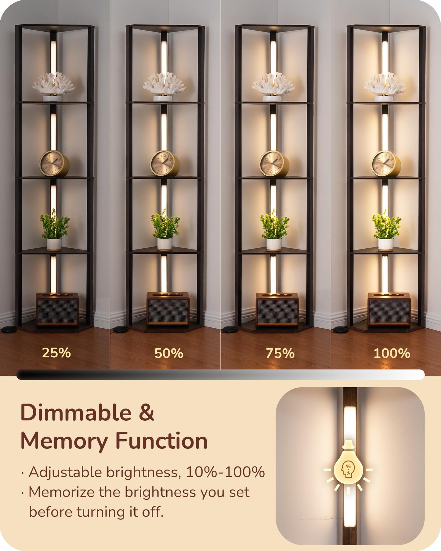 EDISHINE 64" Corner Shelf Floor Lamp for Living Room, Modern LED Corner Light with Shelves, 3CCT, Stepless Dimmable Tall Floor Light for Bedroom, Office, Dining Room, 3000K 4000K 5000K, Black Walnut