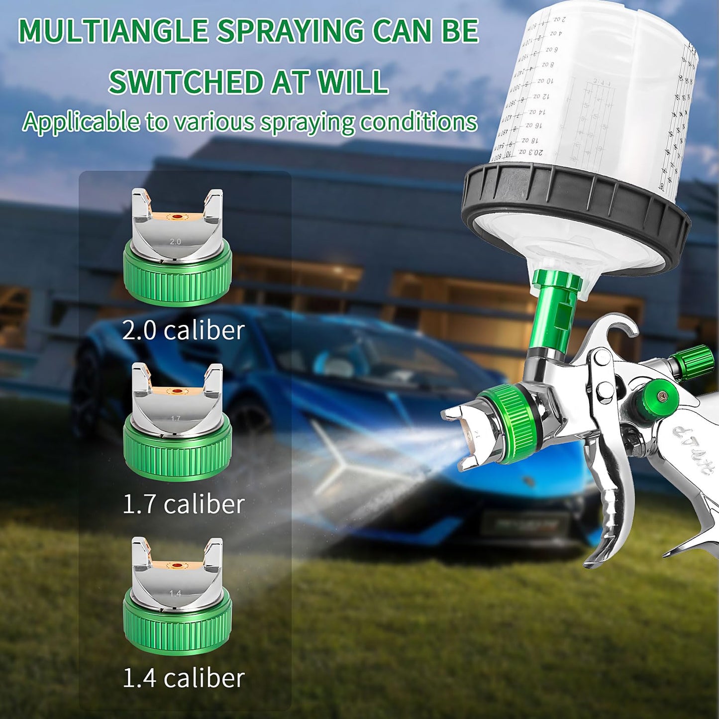 HVLP Spray Gun Kit, Gun Kit with 10pcs 600cc Mixing Cups 1.4/1.7/2mm Nozzles, and Tools, Professional HVLP Sprayer for Automotive, Home and Furniture Coating - Green