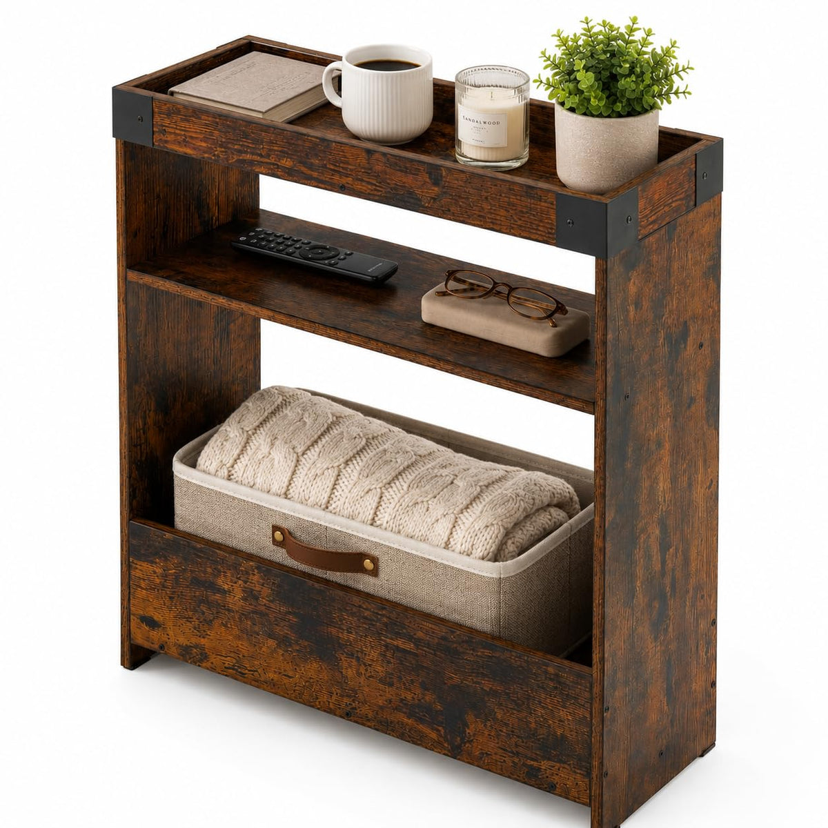 Farmhouse Narrow Side Table with Tray Top & Magazine Rack, Sofa Couch Side Table with Storage Shelf, Slim End Table for Small Spaces, Modern Nightstand for Bedroom, Living Room (Rustic Brown)
