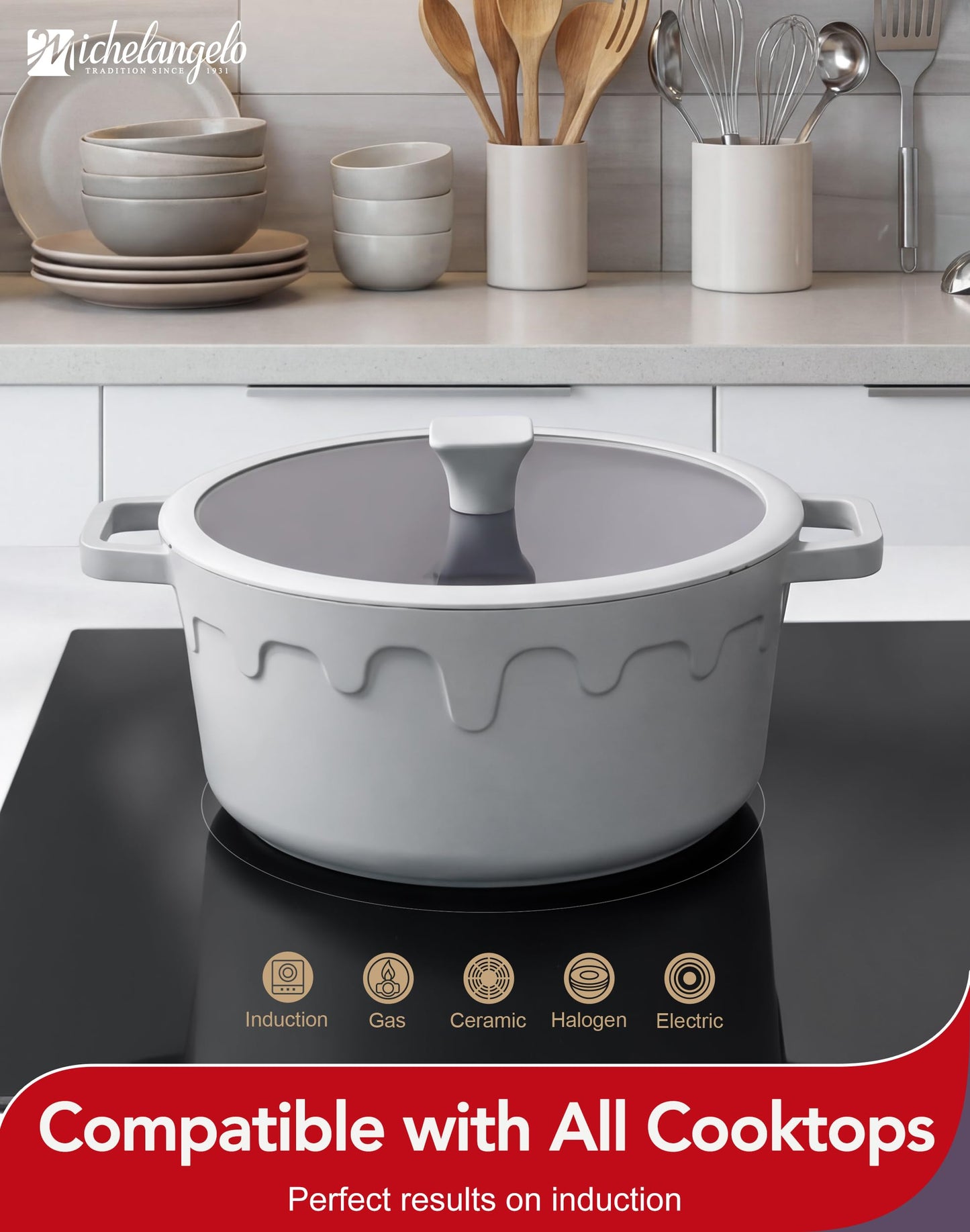 MICHELANGELO Ceramic Stock Pot with Lid - Nonstick Soup Pot for Induction Cooktop, 8-Quart Non Stick Cooking Pots with Silicone Handle Covers & Pot-Holder, Grey