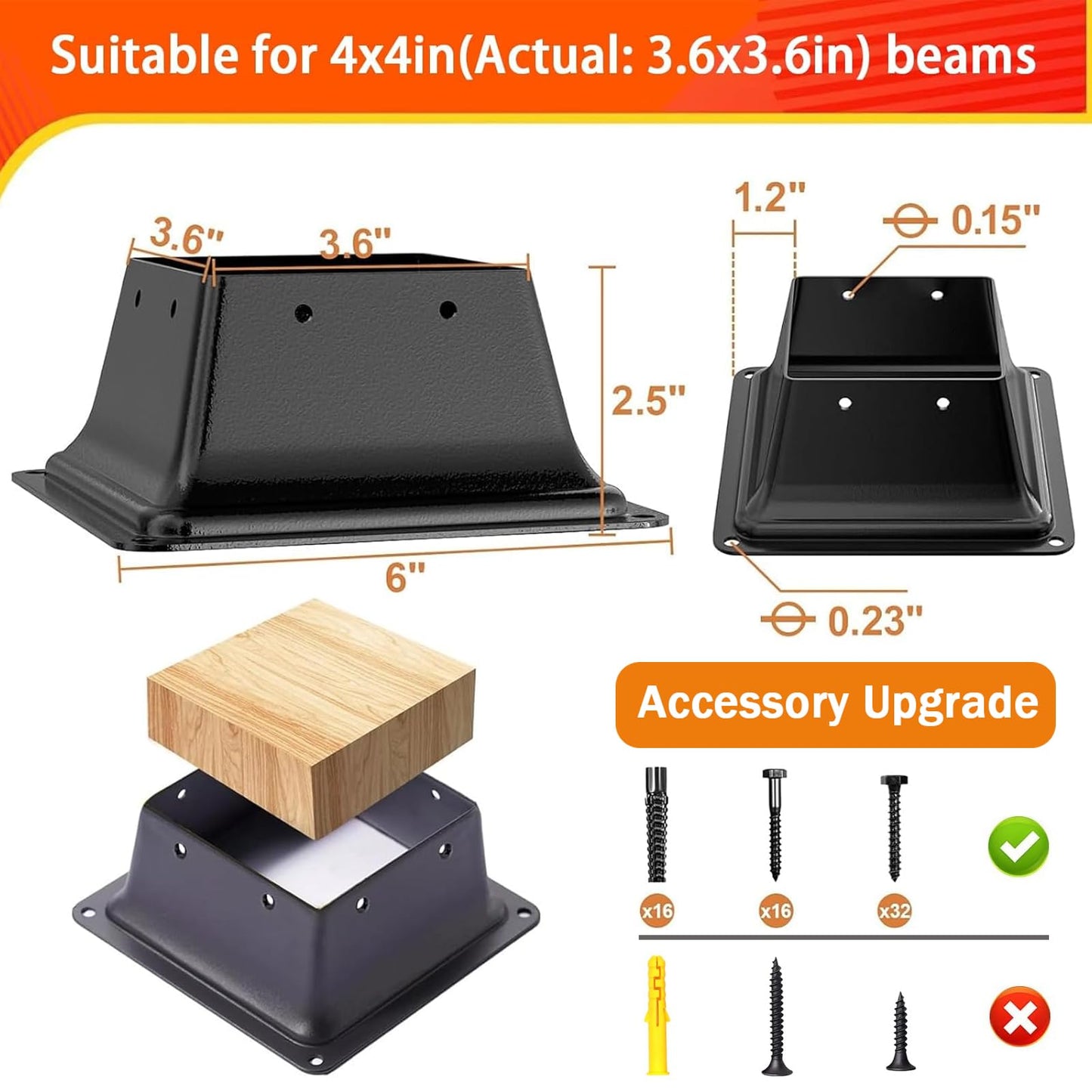 ORIGLE 4x4 Post Base 4Pcs, Internal 3.58"x3.58" Heavy Duty Powder-Coated Steel Post Bracket Fit for Standard Wood Post Anchor, Decking Post Base for Deck Porch Handrail Railing Support