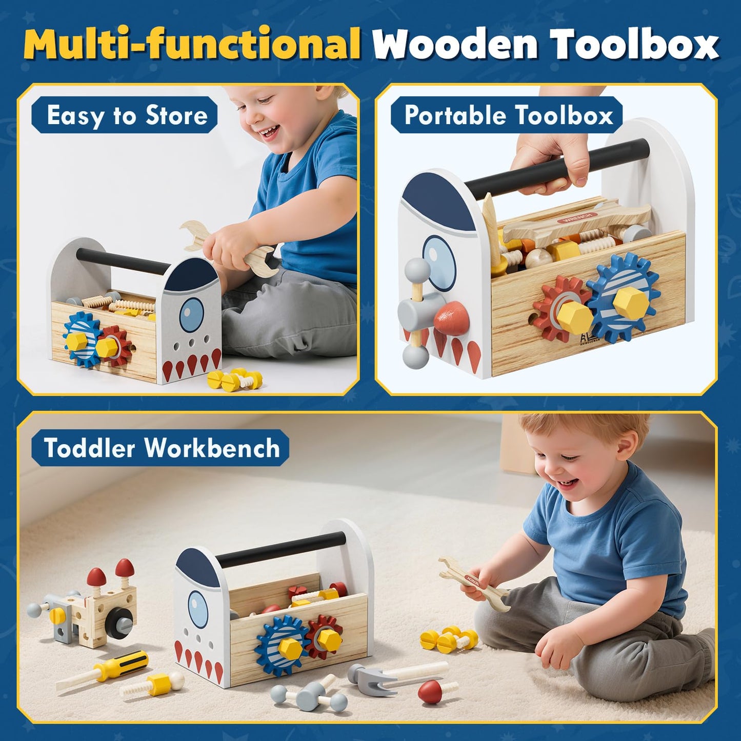 Wooden Kids Tool Set, 2 Year Old Boy Toys, Space Theme Construction Toys, Birthday