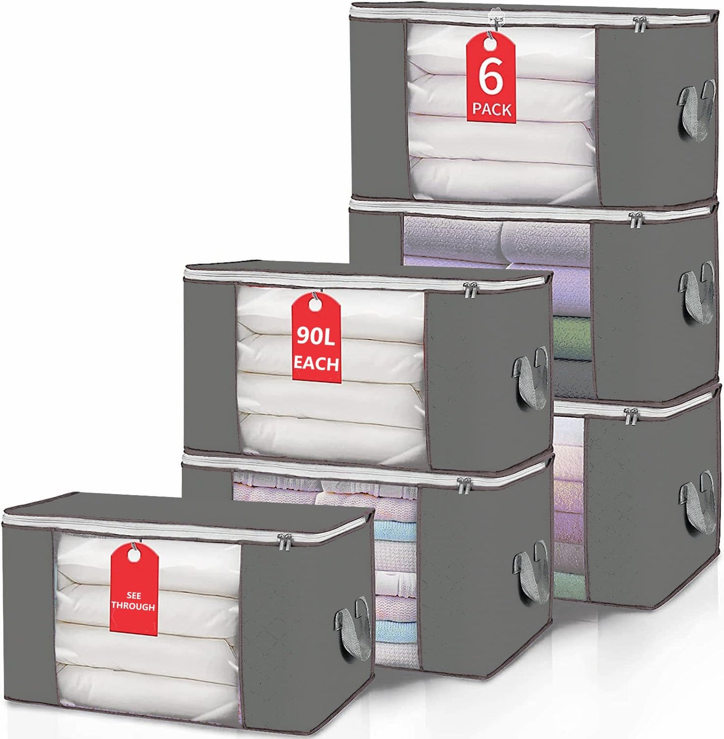 Livearty (TM) 90L Large Storage Bags, 6 Bags Clothes Storage Bins Foldable Closet Organizer Storage Containers with Durable Handles Thick Fabric for Clothing, Blanket, Comforters, Bed Sheets, Pillows