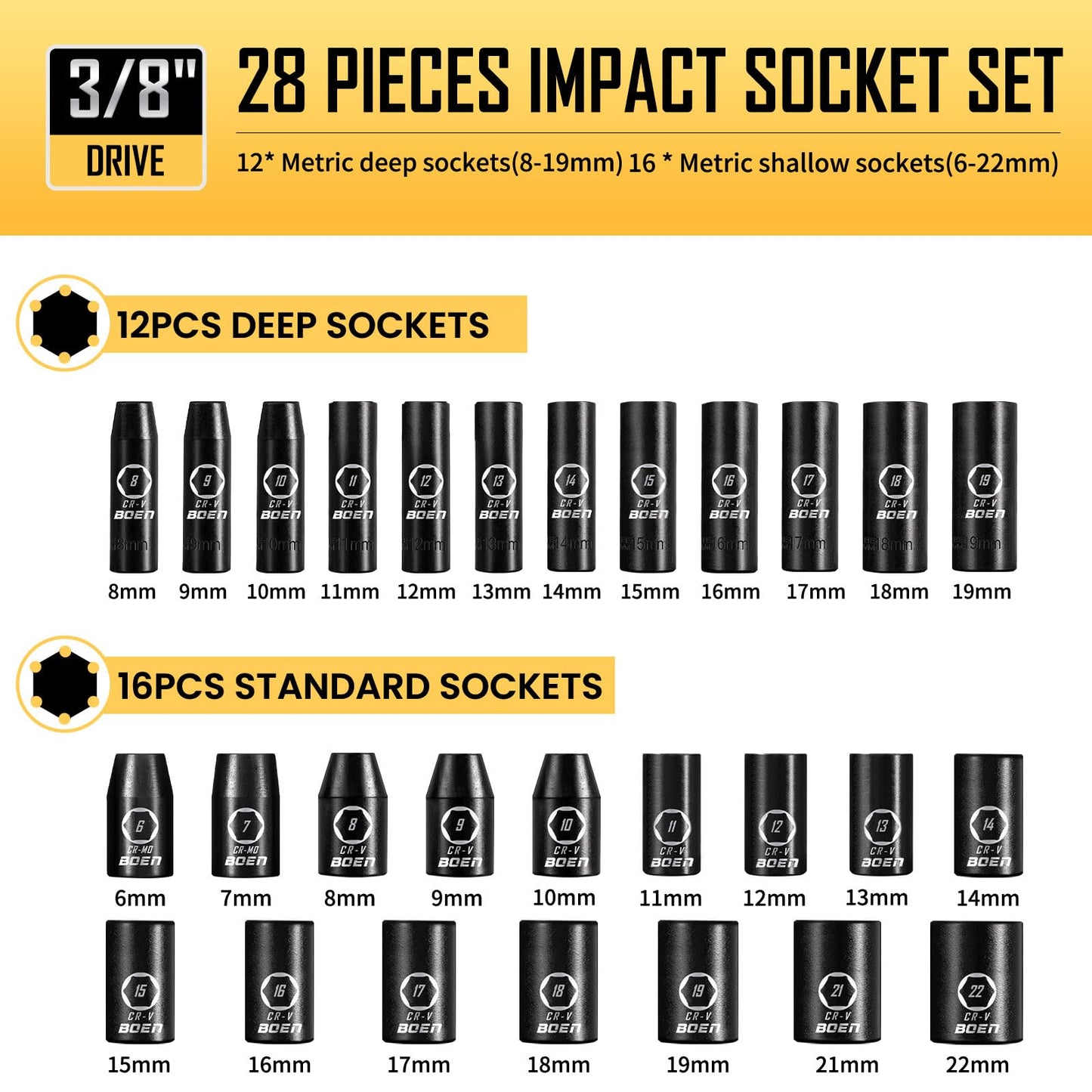 3/8" Drive Impact Socket Set, 59-Piece Standard SAE (5/16 to 3/4 inch) and Metric (6-22mm), Include 9-Piece E-Torx Socket Set (E5-E16) 丨Ratchet Handle, Extension Bar, Universal Joint, Adapter