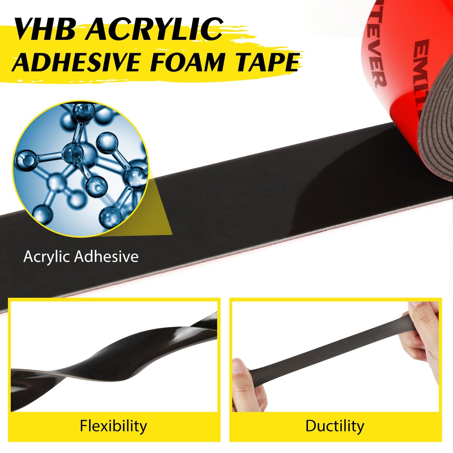 EMITEVER Heavy Duty Double Sided Tape 2 Rolls, 1 Inch x 16.4FT Acrylic Foam Mounting Tape, Two Sided Adhesive Tape, Waterproof & Strong Double Stick Tape for Walls, Automotive, Home Office Decor